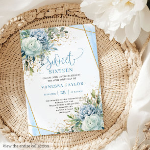 Romantic pastel blue peonies sweet 16 invitation