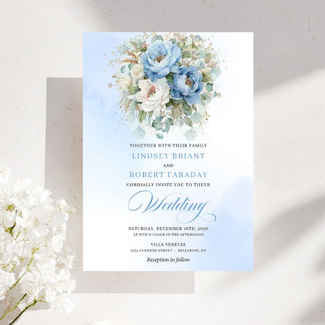 Romantic Pastel Blue Peony Eucalyptus Gold Wedding Invitation (Romantic Pastel Blue Peony Eucalyptus Gold Wedding Invitation)