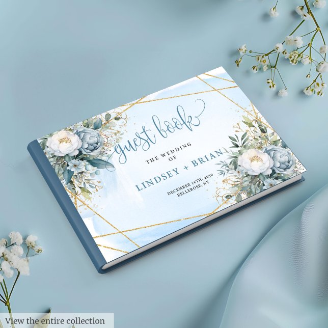 Romantic Pastel Blue White Peonies Gold Guest Book (Romantic Pastel Blue White Gold Peonies Guest Book)