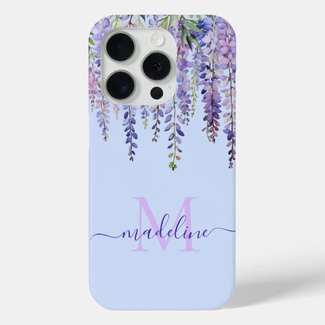 Romantic Pastel Blue Wisteria Monogram Script Name Case-Mate iPhone Case (Back)