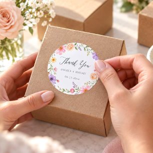Romantic Pastel Floral Wreath Wedding Thank You Classic Round Sticker