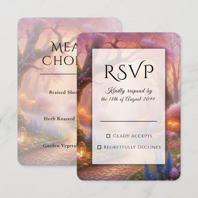 Romantic Pastel Garden Path Lantern Wedding RSVP Card (Front/Back)