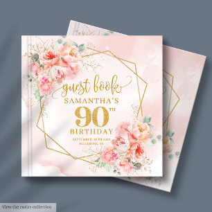Romantic Pastel Pink Gold Peonies 90th Birthday Guest Book