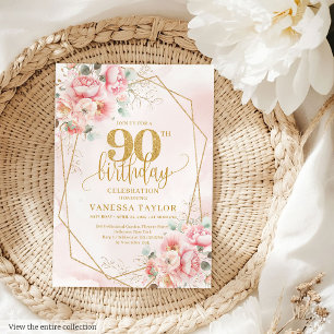 Romantic Pastel Pink Gold Peonies 90th Invitation
