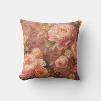 Romantic Pastel Pink Peonies & Roses Botanical Cushion