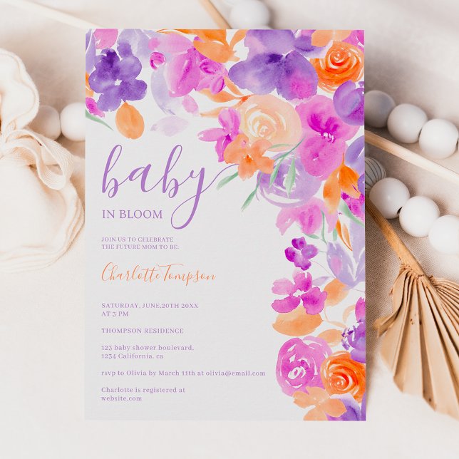 Romantic pastel purple orange floral baby shower invitation (Creator Uploaded)
