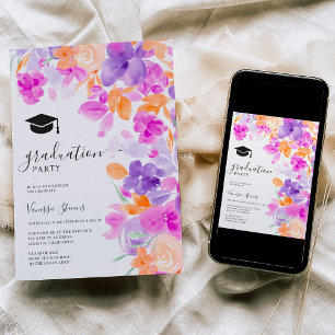 Romantic pastel purple orange floral graduation invitation