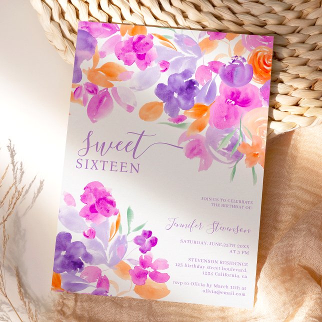 Romantic pastel purple orange floral Sweet 16 Invitation (Creator Uploaded)