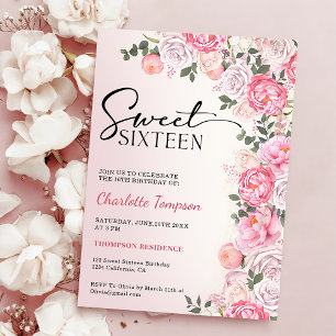 Romantic Pastel Roses Floral Sweet 16 Birthday Invitation