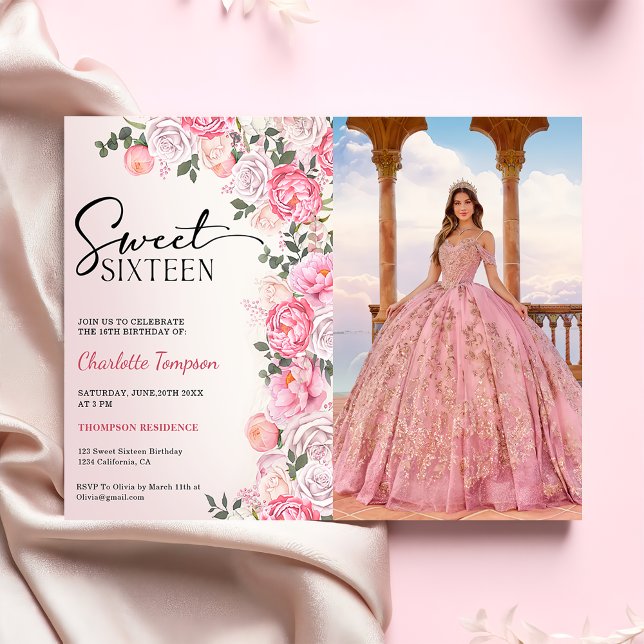 Romantic Pastel Roses Floral Sweet 16 Photo Invitation (Creator Uploaded)