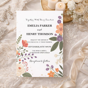 Romantic Pastel Wild Flowers Boho Elegant Wedding Invitation