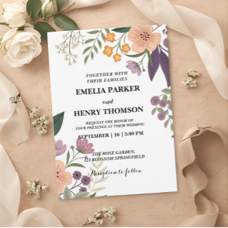 Romantic Pastel Wild Flowers Boho Elegant Wedding Invitation