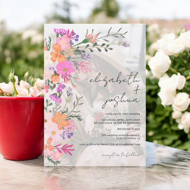 Romantic pastel wild flowers photo wedding invitation (Romantic pastel wild flowers photo wedding invitation)