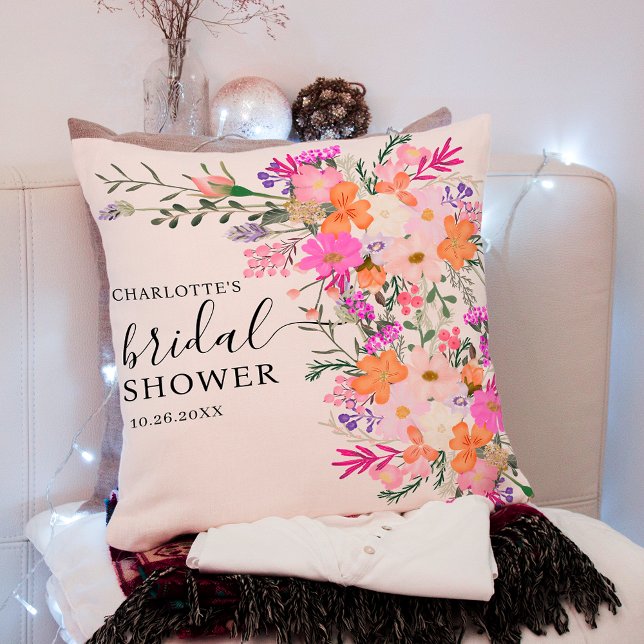 Romantic pastel wild flowers spring bridal shower cushion (Romantic pastel wild flowers spring bridal shower throw pillow)