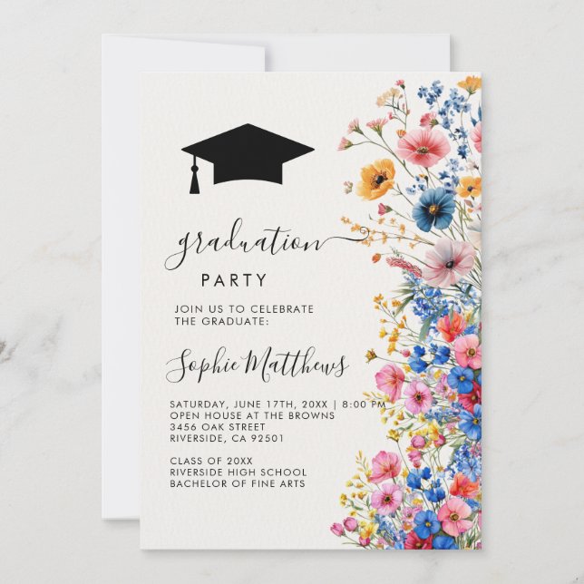 Romantic  pastel wild flowers spring graduation invitation (Front)