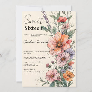 Romantic pastel wild flowers spring sweet 16 invit invitation