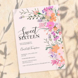 Romantic pastel wild flowers spring sweet 16 invitation