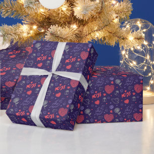Romantic Pattern Kiss. Red, Grey On Purple Wrapping Paper