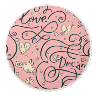 Romantic Pattern with Hearts and Birds Ceramic Knob