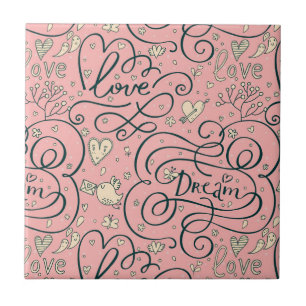 Romantic Pattern with Hearts and Birds Ceramic Tile