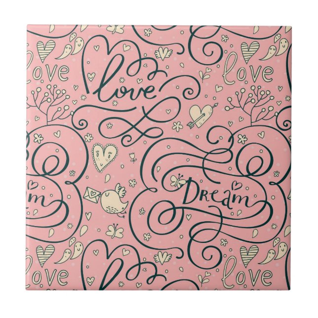 Romantic Pattern with Hearts and Birds Ceramic Tile (Front)