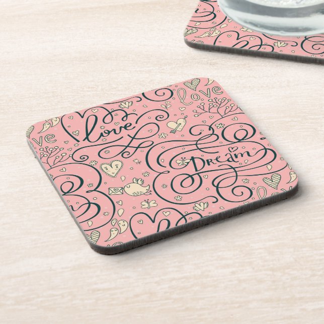 Romantic Pattern with Hearts and Birds Coaster (Left Side)