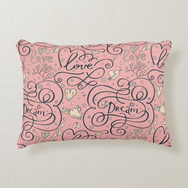 Romantic Pattern with Hearts and Birds Decorative Cushion (Front)