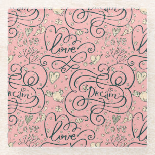 Romantic Pattern with Hearts and Birds Glass Coaster