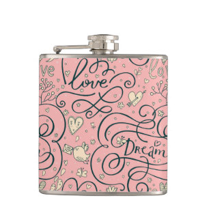 Romantic Pattern with Hearts and Birds Hip Flask