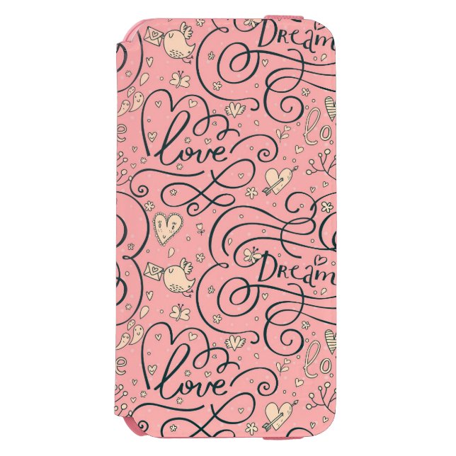 Romantic Pattern with Hearts and Birds Incipio iPhone Wallet Case (Folio Front)