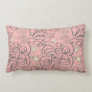 Romantic Pattern with Hearts and Birds Lumbar Cushion