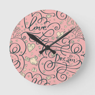 Romantic Pattern with Hearts and Birds Round Clock