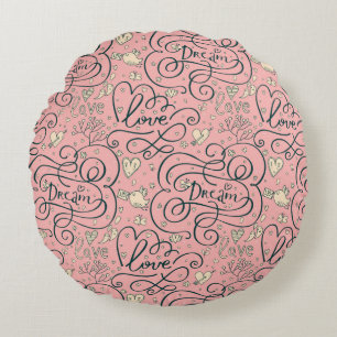 Romantic Pattern with Hearts and Birds Round Cushion