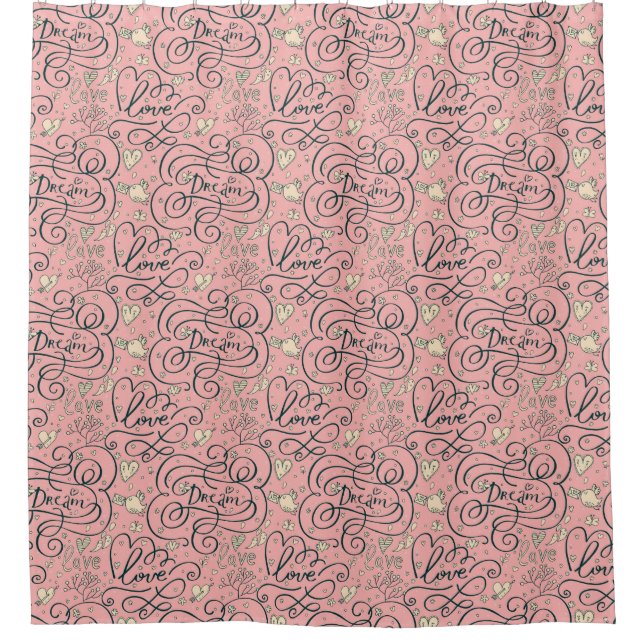 Romantic Pattern with Hearts and Birds Shower Curtain (Front)