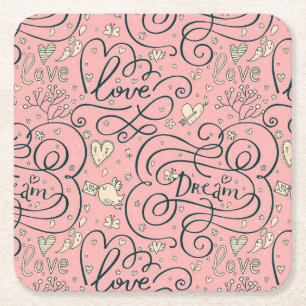 Romantic Pattern with Hearts and Birds Square Paper Coaster