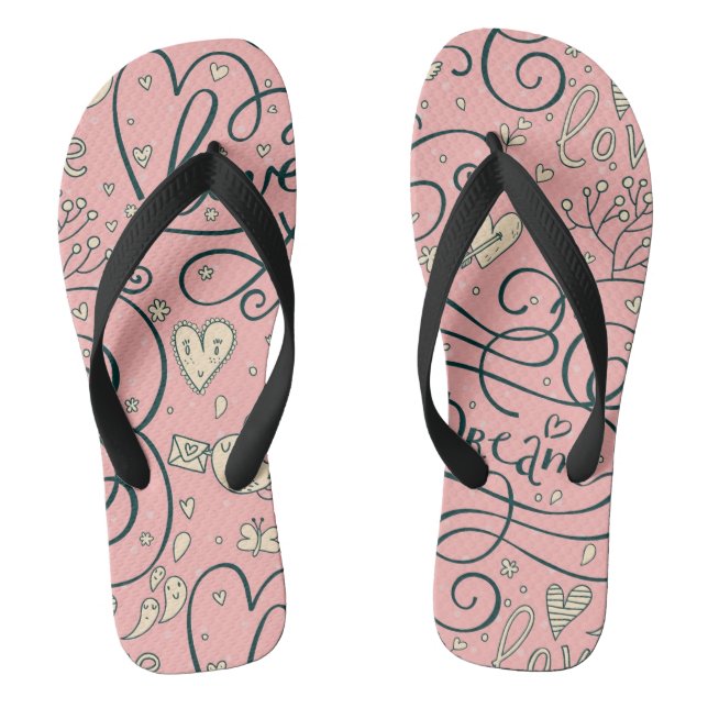 Romantic Pattern with Hearts and Birds Thongs (Footbed)