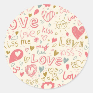 Romantic Pattern with Hearts and Lips Classic Round Sticker