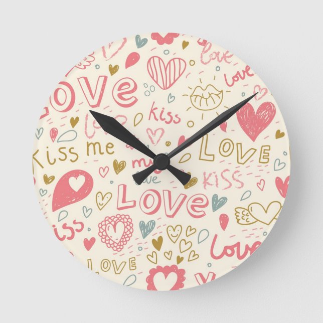 Romantic Pattern with Hearts and Lips Round Clock (Front)