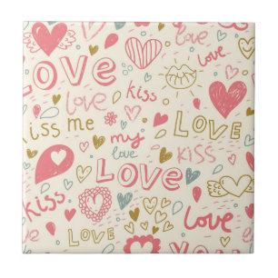 Romantic Pattern with Hearts and Lips Tile
