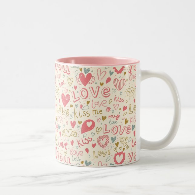 Romantic Pattern with Hearts and Lips Two-Tone Coffee Mug (Right)