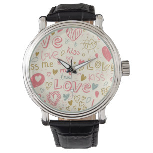 Romantic Pattern with Hearts and Lips Watch