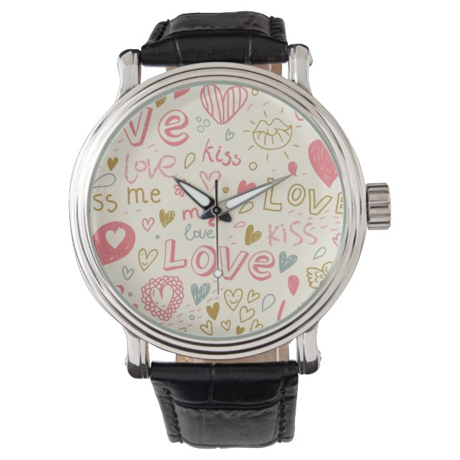 Romantic Pattern with Hearts and Lips Watch (Front)