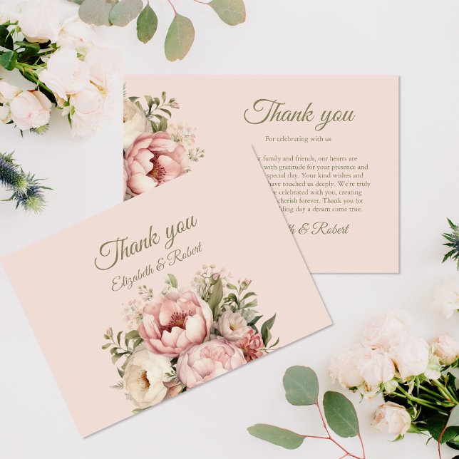 Romantic Peach and Blush Pink Floral Wedding Thank You Card (Romantic Peach and Blush Pink Floral Wedding Thank You Card on a table with pale pink flowers.)