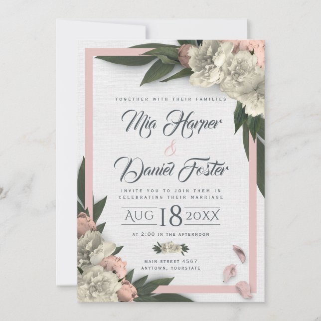 Romantic Peach and White Floral Peonies Invitation (Front)