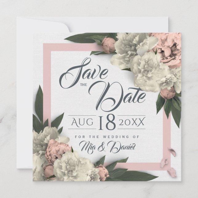 Romantic Peach and White Floral Peonies Save The Date (Front)