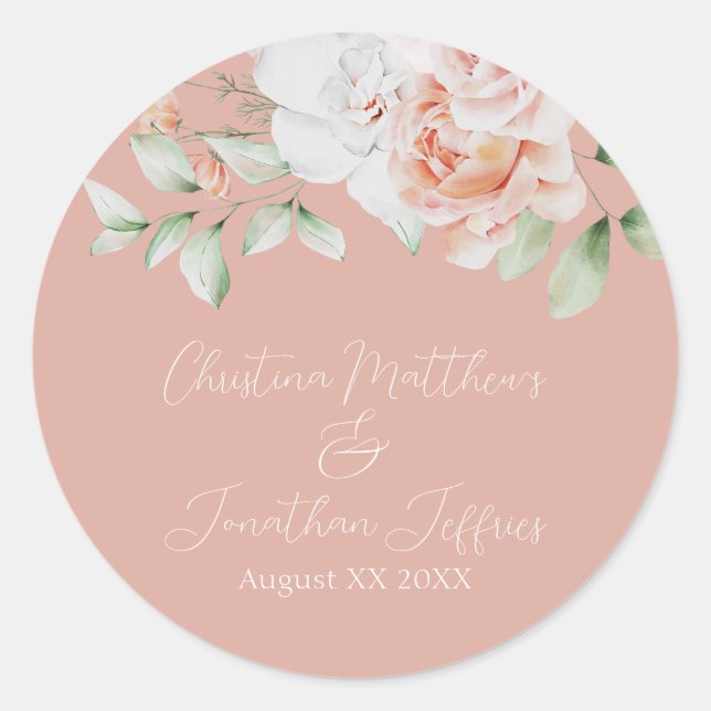 Romantic Peach and White Flowers Classic Round Sticker (Front)