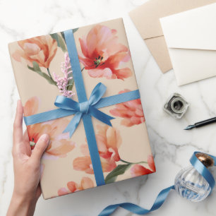 Romantic Peach Coral Tulip Watercolor Pattern Wrapping Paper