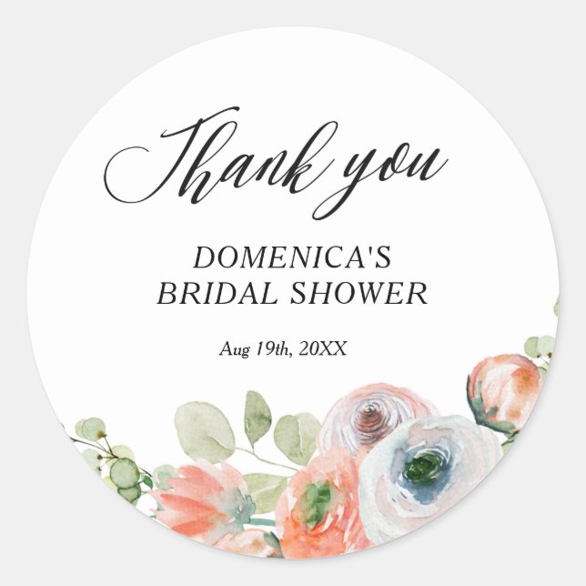 Romantic Peach Floral Bridal Shower Classic Round Sticker (Front)
