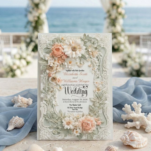 Romantic Peach Floral Faux Embossed Wreath Wedding Invitation (Creator Uploaded)
