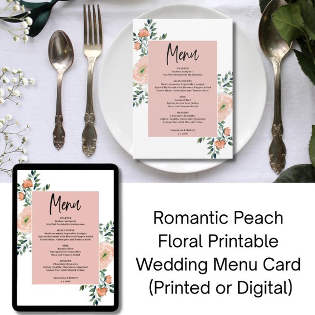 Romantic Peach Floral Printable Wedding Menu Card (Creator Uploaded)